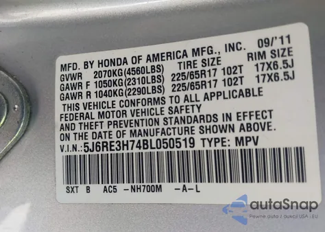 2011 Honda Cr-V Ex-L from USA, damaged, VIN 5J6RE3H74BL050519
